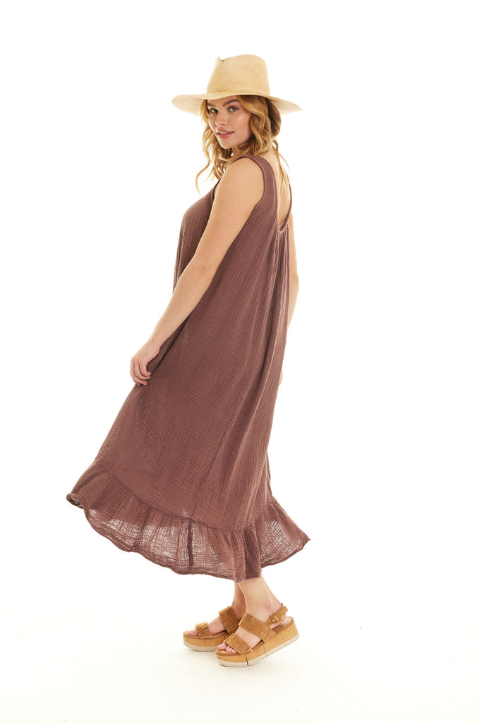 Organic Cotton Gauze Indra Dress in Brown Locally Made in Los